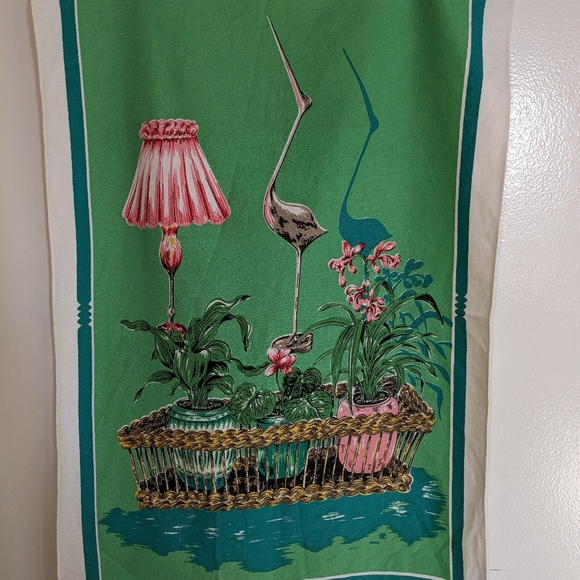 New Vintage Tea Towel Green Pink Florida Colours Plants Baskets Circa 1950 - Picture 7 of 12